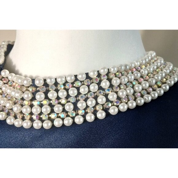 Cocktail Dress LA FEMME 22212 Short Elegant Dress Navy with Pearl Neckline Sz 10 - Picture 3 of 14